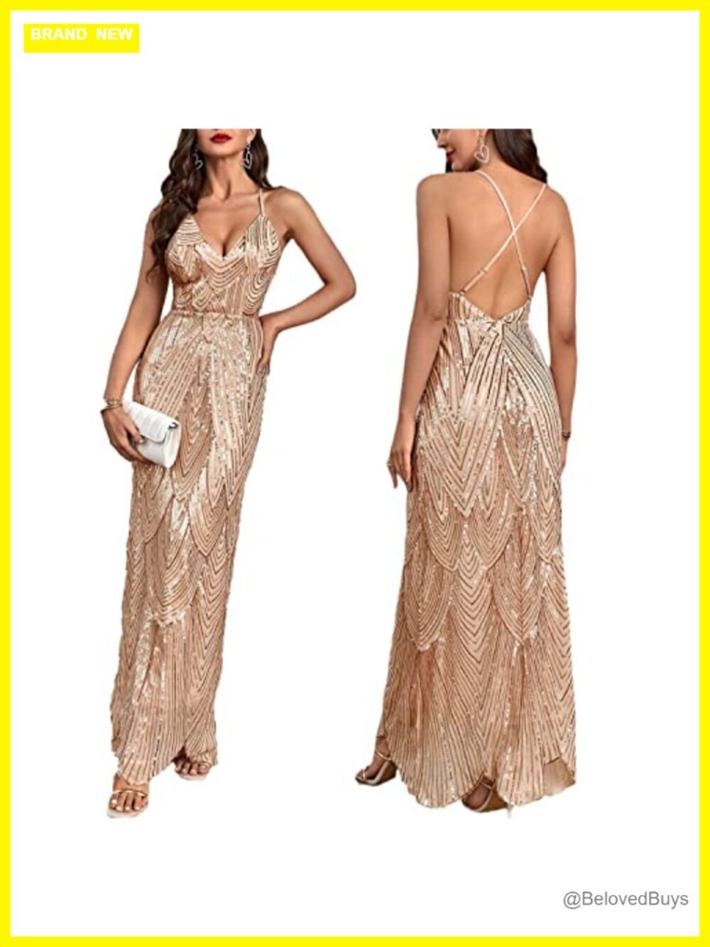 Sequin V-Neck Spaghetti Strap Backless Mermaid Prom Maxi Dress